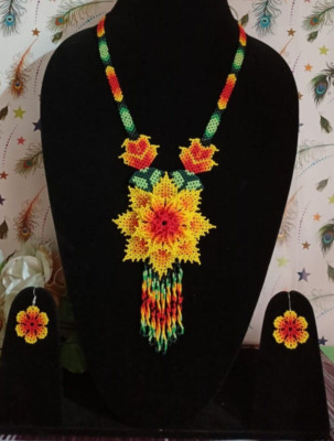 New Best Handcrafted Huichol Flower Mexican Beaded Necklace Hook Earrings Set