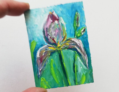 Iris Blumen Abstrakt  Ölgemälde. Miniature Lila Blumen.Ohne Rahmen.64x89 mm
