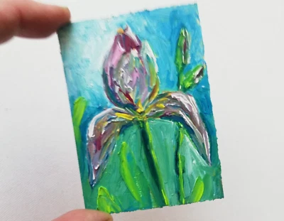Iris Blumen Abstrakt  Ölgemälde. Miniature Lila Blumen.Ohne Rahmen.64x89 mm - Bild 1 von 4