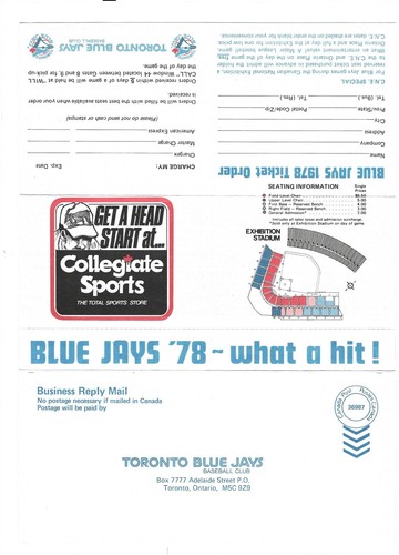 1978 TORONTO BLUE JAYS TICKET MAIL ORDER FORM (NrMT-MT) - Picture 1 of 2