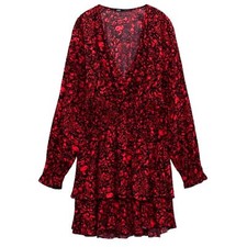 ZARA Dress Mini Short Ruffle Flowy Long Bell Sleeve V Neck Black Red Babydoll S