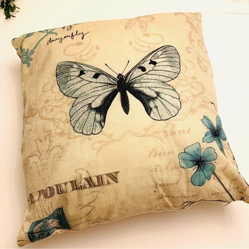 Beige/teal blue butterfly patterned square pillow new 14x14 home