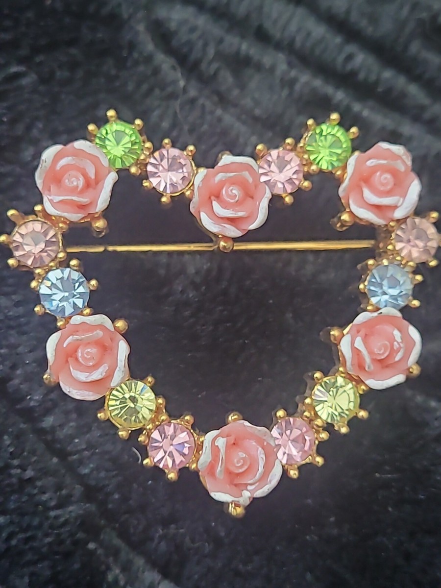 Vintage Avon Heart Brooch Pink Rose Multicolor Rhinestone  display picture 2