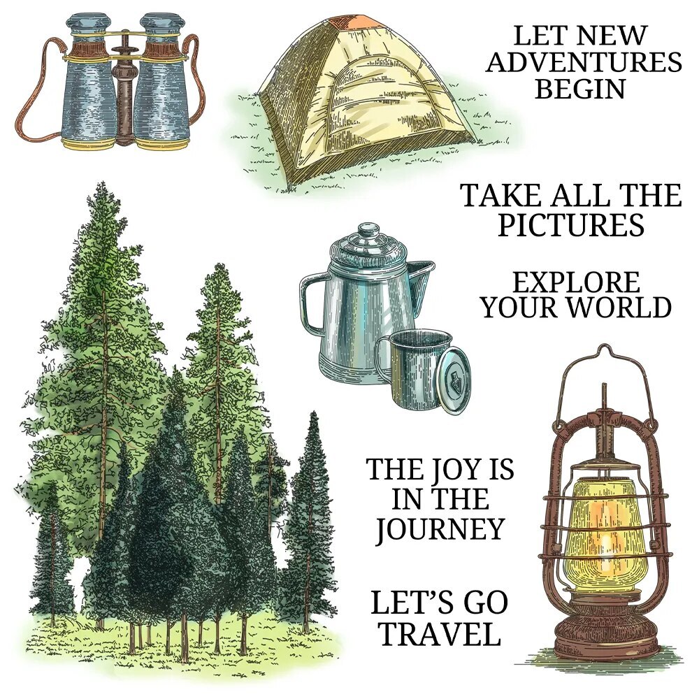 Metal Tree Camping Tent Lantern Nature Craft Dies Clear Stamps