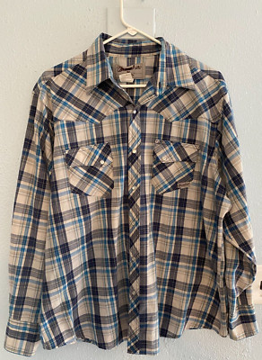 Wrangler Wrancher Men's XL Pearl Snap Button Up Shirt Blue Plaid Western 