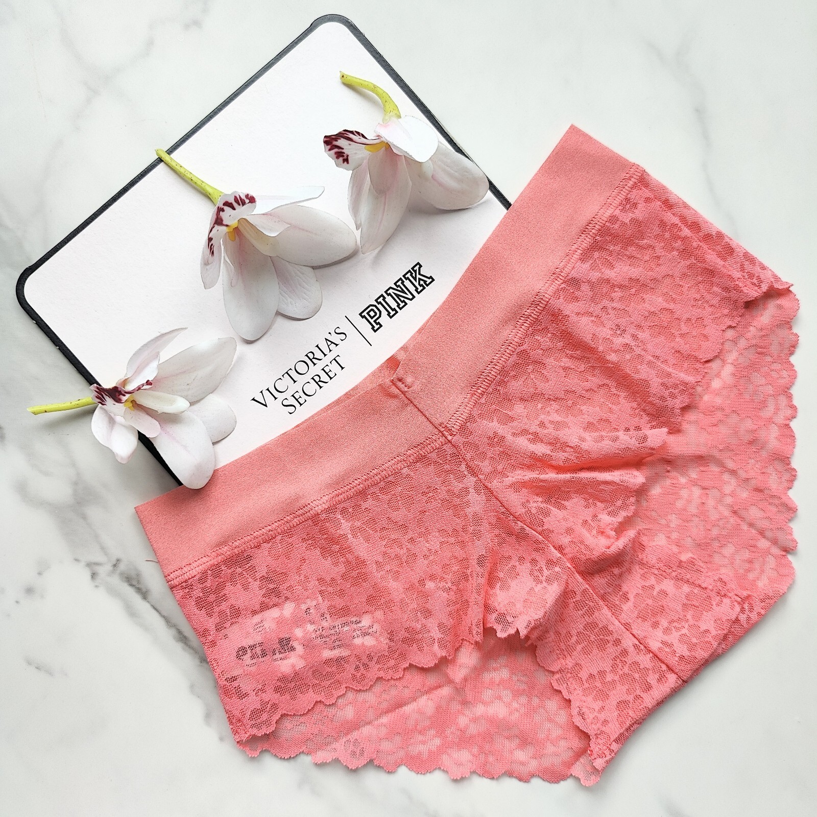 PINK Victoria's Secret No-Show Floral Lace Hiphugger Panty Crazy For Coral