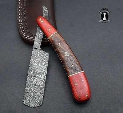 Handmade Straight Razor  Walnut Wood Handle  Damascus Steel Blade   Barber Razor