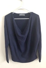 100% Cashmere Womens Cowl Neck Sweater Small Navy Blue Quiet Luxury Parisian