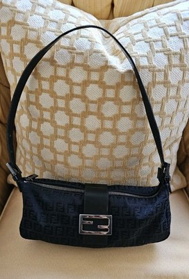Vintage Fendi Black Zucchino FF Monogram Canvas Mini Mamma Baguette Shoulder Bag