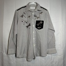Fortune Striped Dragonfly Embroidered Button Down Shirt Womens Medium USA Made