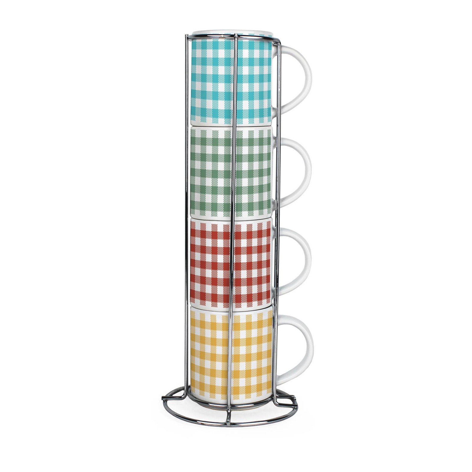 Gingham Check Small Stacking Mugs Set - Colourful Set of 4 Ceramic Mugs Gift