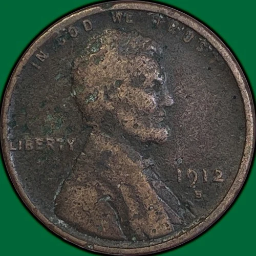 1912-S Lincoln Wheat Cent Fine F Coin, Corrosion #36167