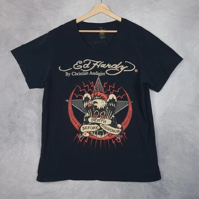 Ed Hardy Shirt Mens XL Black V-Neck Death Before Dishonor Graphic Eagle Made USA - Image 1 of 4