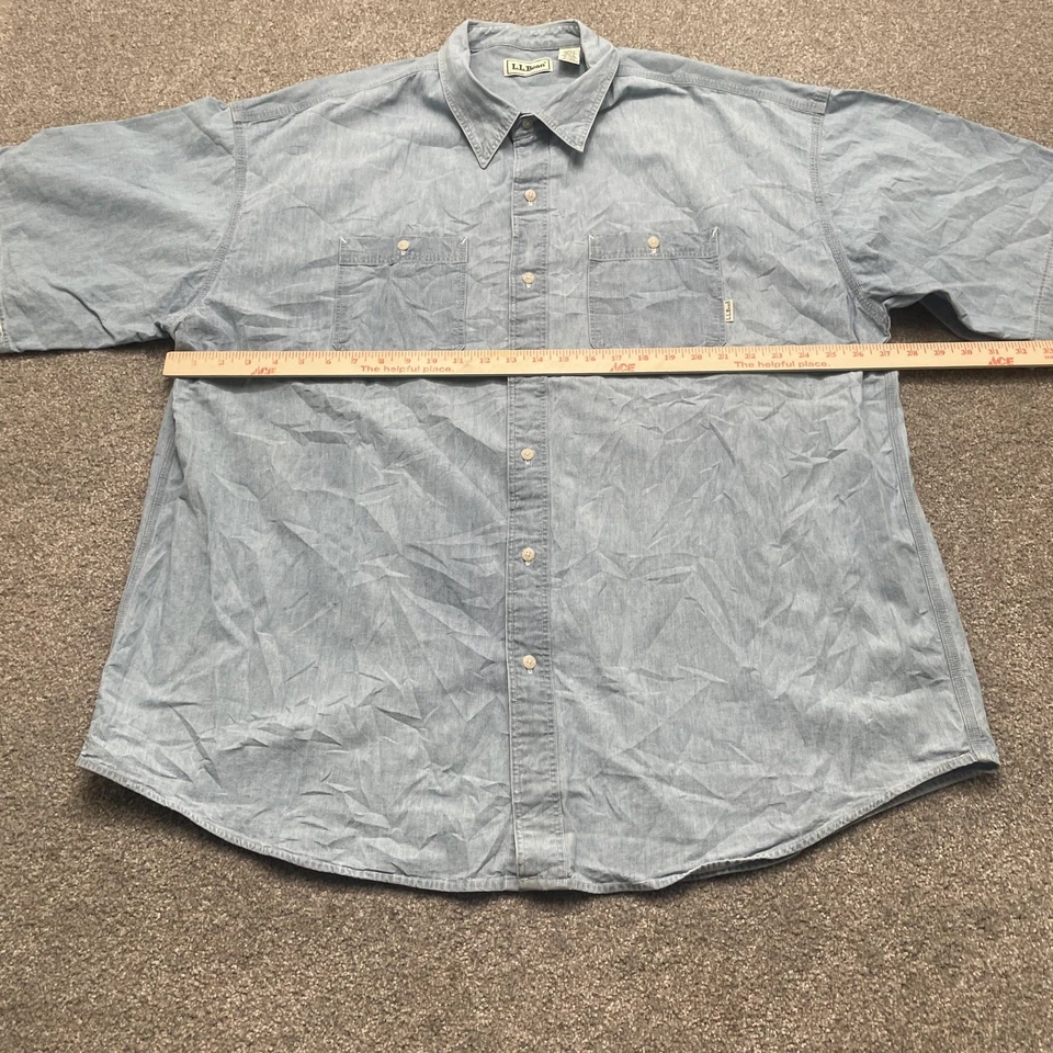 L.L.Bean Shirt Mens 2XL Blue Chambray Short Sleeve Button Down Double Pocket - Image 4 of 4