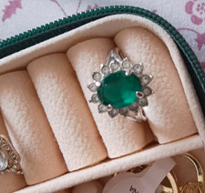 Green Emerald & 12 Diamond Halo Cluster Cocktail Ring