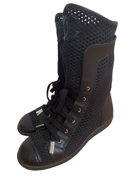 CHANEL HIGH TOP BOXER SNEAKER STOFF LEDER SCHWARZ SCHUHE GR 36
