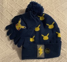 Pokemon Pikachu Blue/Yellow Knit Hat w/ PomPom Mittens Light Up Button NWOT