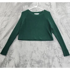 Anrabess Crew Neck Long Sleeve Crop Stretch Viscose Sweater Top Size M Green 
