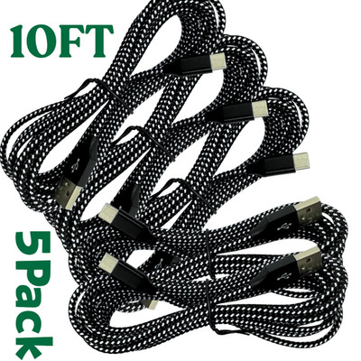 5Pack Lot USB-A to Type-C Fast Charging SYNC Charger Cable Braided USB Cord 10FT