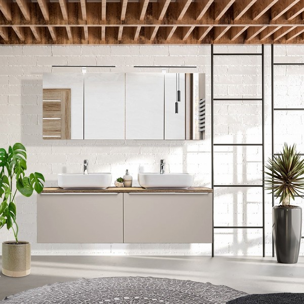 BadmöBel Badezimmer Set Spiegelschrank Waschbecken Waschtischunterschrank Grau-image