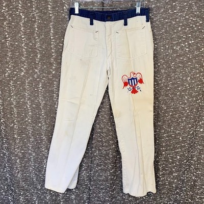 Vtg 60s 70s White Denim Pants Flared Embroidered Eagle Crest USA Patriotic