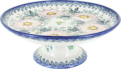 Blue Rose Polish Pottery - Pink Apple Blossom Cake Plate - 10'' Diameter