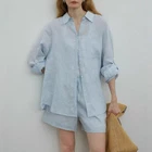 Slouch Style 2pcs Set Women's Long Sleeve Button Shirt Shorts Casual Loose Linen