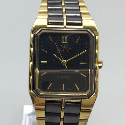 Vtg Nicolet Watch Mens Black Gold Tone Stainless Bracelet 25mm New