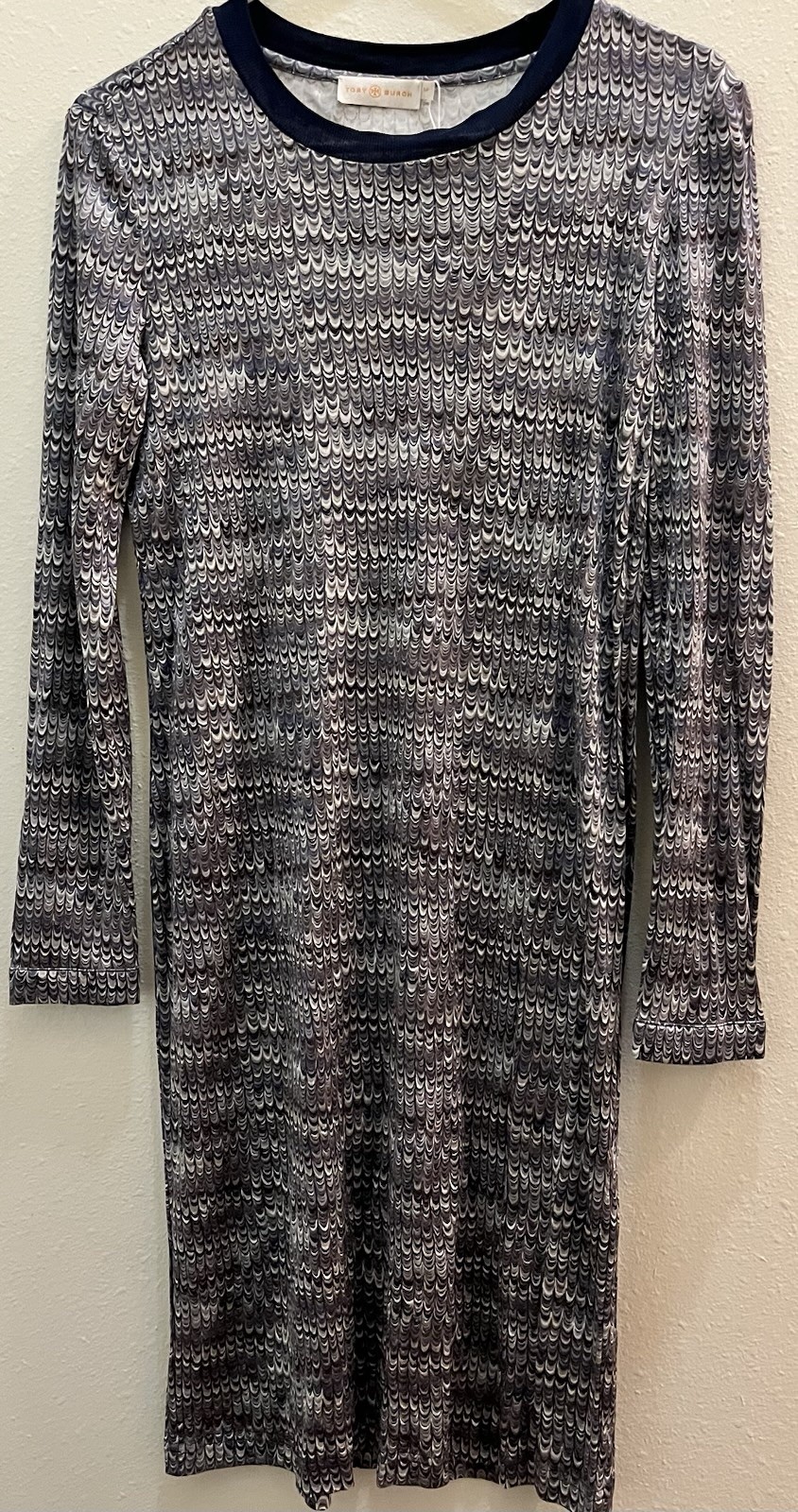 Tory Burch Women'sLong Sleeve Crew Neck Silk Shift Midi Dress Blue Grey Size S