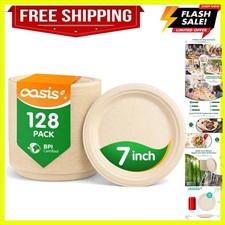 7 Inch 128 Pack Compostable Disposable Paper Plates, Heavy Duty Sugarcane Bag...