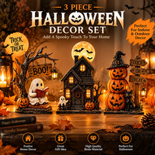 3pc Halloween Decor Set Haunted House Ghost Pumpkin Tabletop Statue Centerpiece