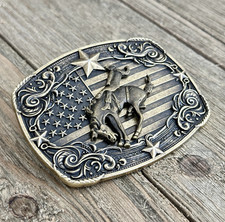 Western Cowboy Rodeo Belt Buckle American Flag Horse Rider Bronze Vintage