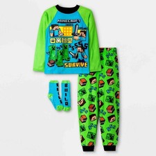 NWT Minecraft Pajamas Set Creeper Boys Winter Christmas Size 4 5 6 Socks Girls