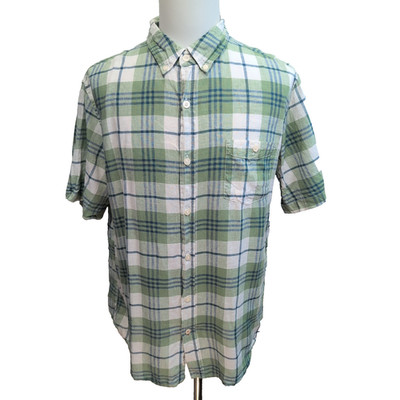 Weatherproof Vintage Shirt XL Leinen Baumwolle grün blau kariert Kurzarm