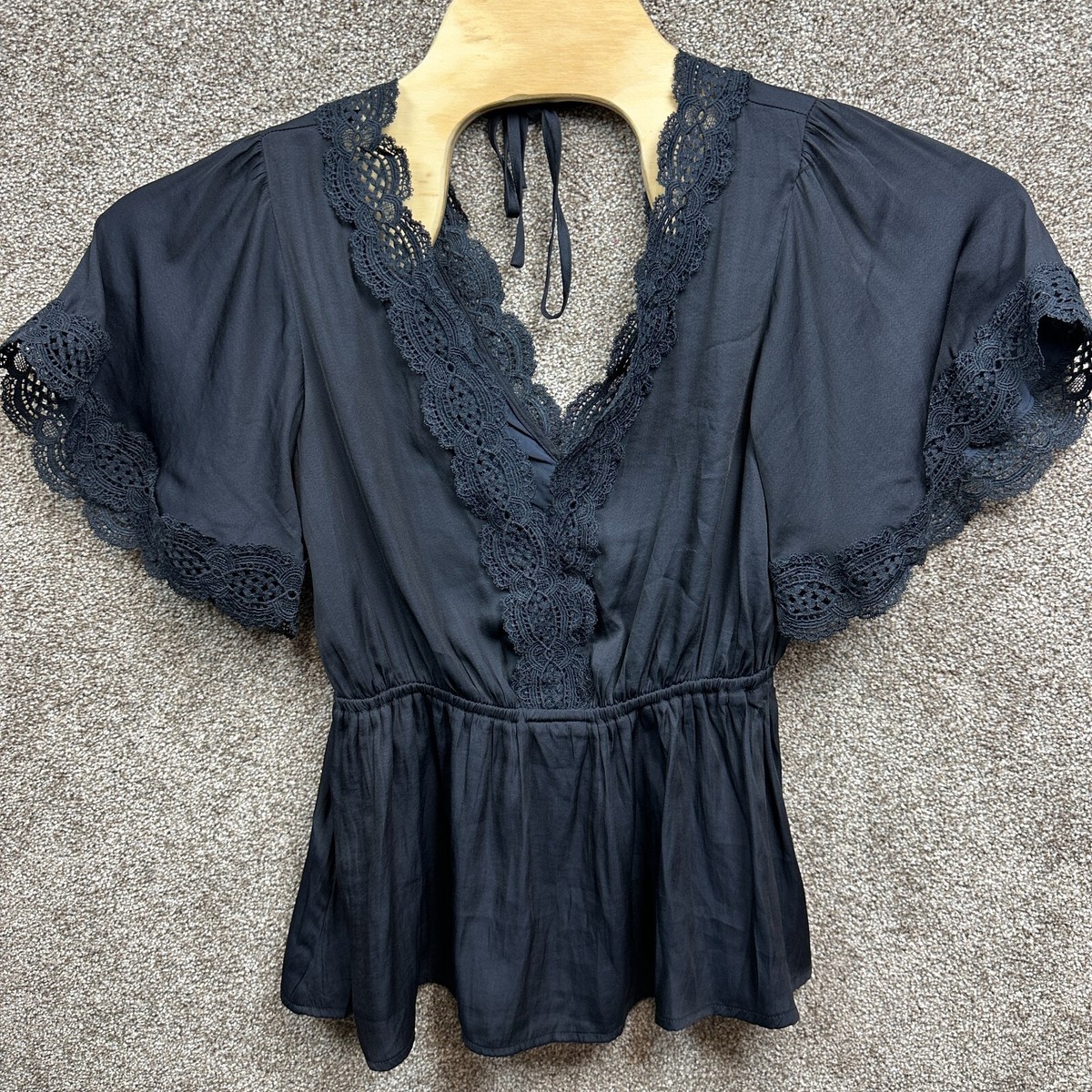Mustard Seed Blouse Top Women's Medium Black Flowy Sleeve Cinch