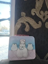 Hello Kitty Tin w/Handle - Polar Bear Penguin. Faux fur patch Metal Trinket Box
