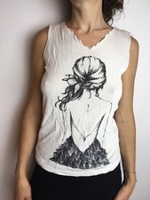 Rare Women’s White Tank W Lettuce Hem V Neck Detail. Hair and Back Drawing