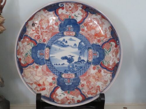 Antique Japanese Arita or Chinese Qing Dynasty Blue White Porcelain Bowl Charger - Picture 1 of 12