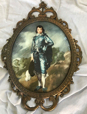 Vintage Himark Blue Boy Print Oval Metal Frame Convex Glass 17.5