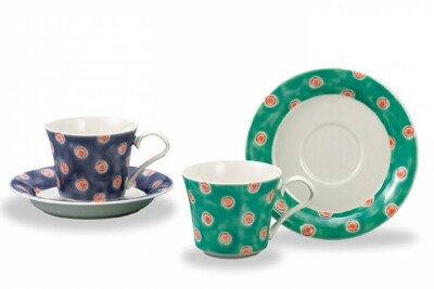 Pair Kutani yaki ware Coffee and Tea cup and saucer Mizutama Dot Okada Kinuyo