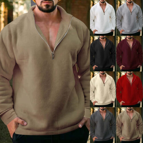 Men Long-Sleeve Quarter-Zip Fleece Sweatshirt Casual Solid Color Warm Loose Tops