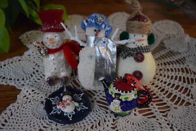 6 Hand Crafted Snowman Ornaments Mary Engelbreit(1 pc) Resin Fabric Wood Bulb