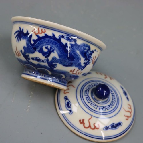 Ciotola coperchio due draghi porcellana jingdezhen 3,5" collezione Cina smalto blu bianco rosso - Foto 5 di 6