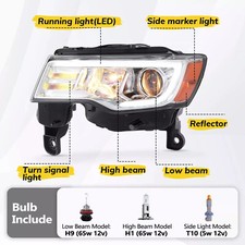 Left Driver Side HID Headlight Assembly For 2016-2021 Jeep Grand Cherokee - Chrome, With Ballast & Bulbs