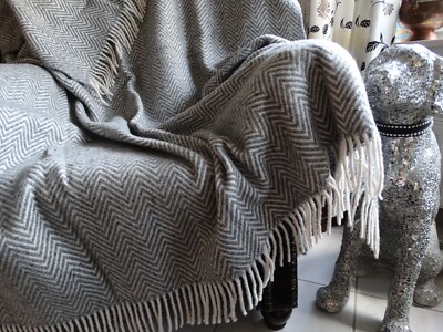 Wolldecke Plaid 140x200cm Wohndecke   100%Wolle  Schurwolle  Grau