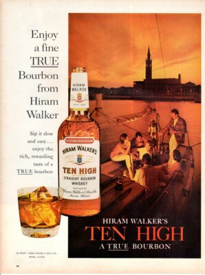 Vintage advertising print Alcohol Hiram Walker's Sail Boat sunset couples 1964