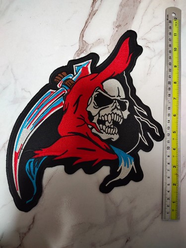Large Grim Reaper Skeleton Death Scythe Biker Motorcycle Iron On Patch Back Jack - Picture 6 of 15