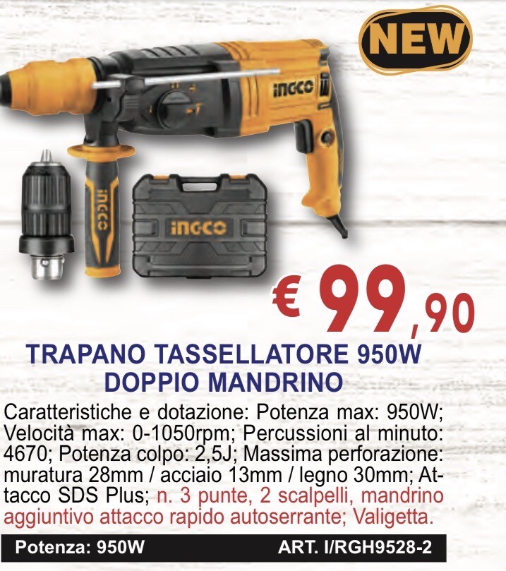 Trapano INGCO RGH9528-2 950W con Valigetta e Accessori Gratis