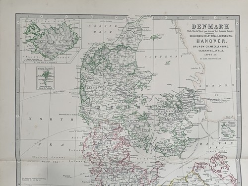 1880 DENMARK & NORTH GERMANY HAND COLOURED ORIGINAL ANTIQUE MAP BY JOHNSTON - Picture 2 of 3