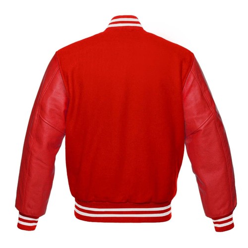Giacca Bomber Letterman College Baseball Varsity Lana Rossa Rossa Rossa Vera Pelle Braccia - Foto 2 di 5
